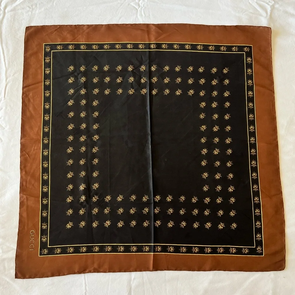Vintage Gucci Silk Scarf Black and Brown Turtle Motif - Picture 2 of 8
